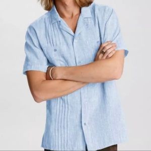 John Varvatos Benny Guayabera Cotton Linen Short Sleeve Blue Shirt - Brand New
